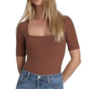 Elie Tahari Ribbed Knit Top Medium Square Neck Fitted Mauve